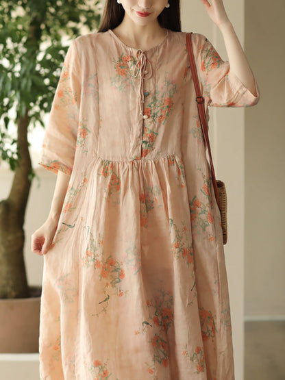 Women Summer Artsy Floral O-Neck Ramie Dress FD015