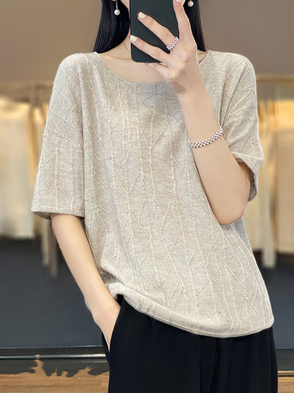 Women Summer Solid Jacquard Loose Half-Sleeve Shirt WE1033