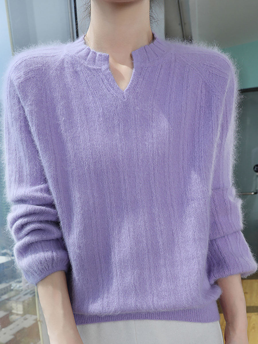 Pull en tricot chaud en laine unie à col en V pour femme AV1013 