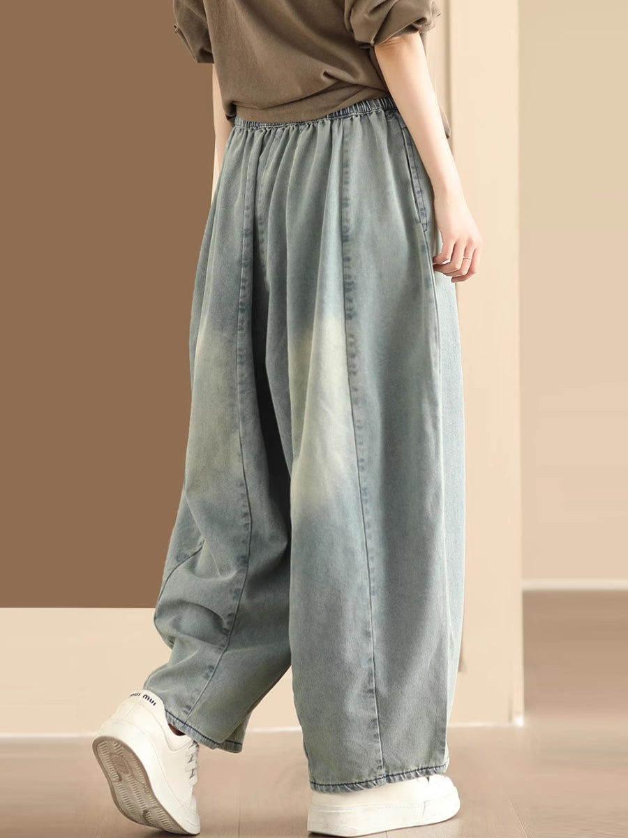 Women Vintage Washed Spliced Denim Wide-leg Pants QW1007