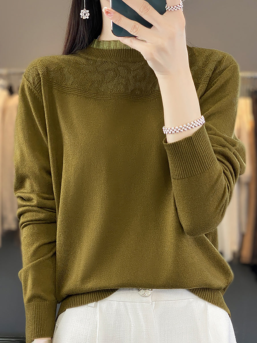 Women Autumn Lacework Neck 100%Wool Loose Sweater QM020