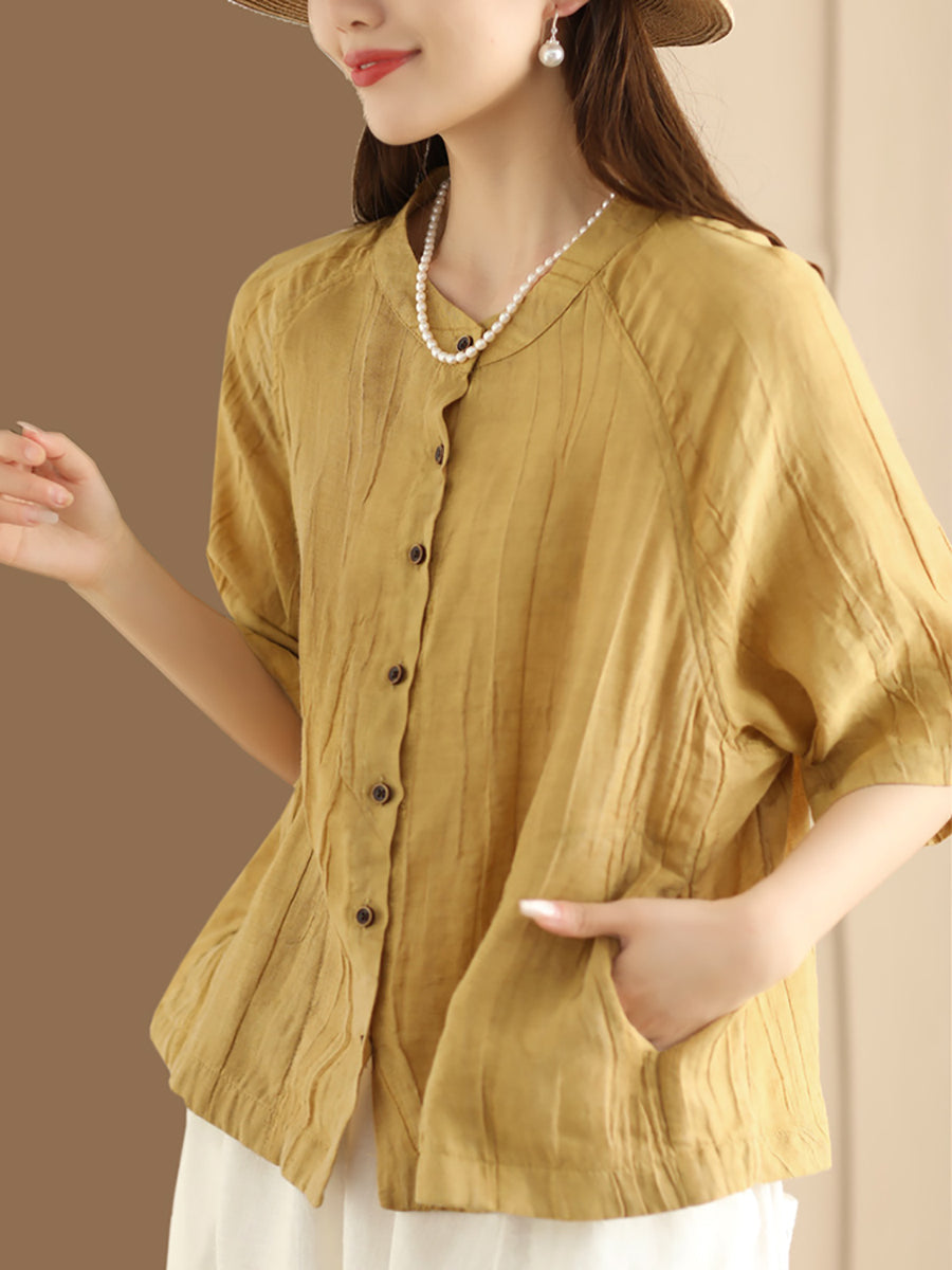 Women Summer Retro Solid Linen Button-up Shirt XX1012