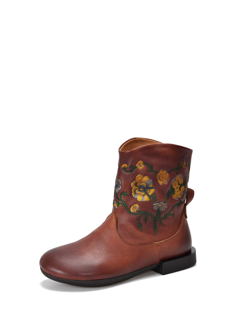 Women Vintage Flower Embroidery Leather Low Heel Boots AX1050