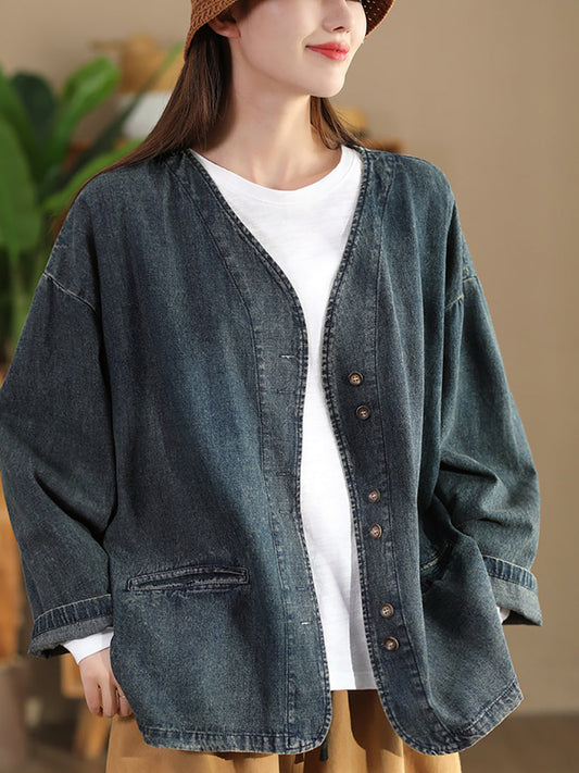 Women Autumn Vintage Pure Color V-Neck Denim Coat AT1039