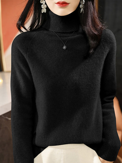 Women Autumn Solid Knit 100%Wool Turtleneck Sweater QM031