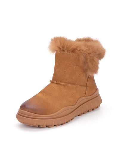 Women Solid Leather Plush Spliced Winter Boots AX1046