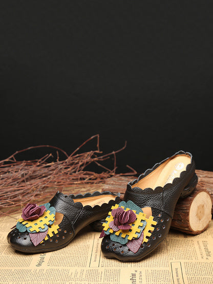 Women Summer Ethnic Leather Flower Spliced Low Heel Sandals FD014