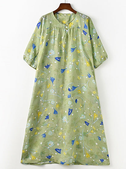 Women Summer Artsy Flower Print Loose Ramie Dress OO1025