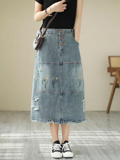 Women Summer Flower Embroidery Frayed Denim Skirt AS1041