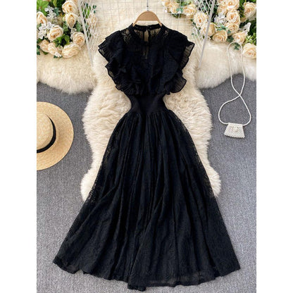 Temperament Olive Lace Ruffled Pleated Hem Flying Sleeve Dress AR1002