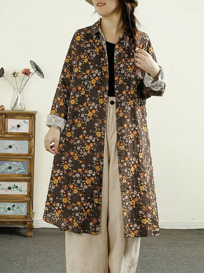 Women Vintage Autumn Flower Button-up Thin Cotton Coat AK1014