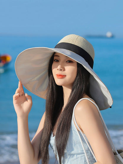 Women Summer Travel Large Brim Sunproof Spliced Hat QW1036