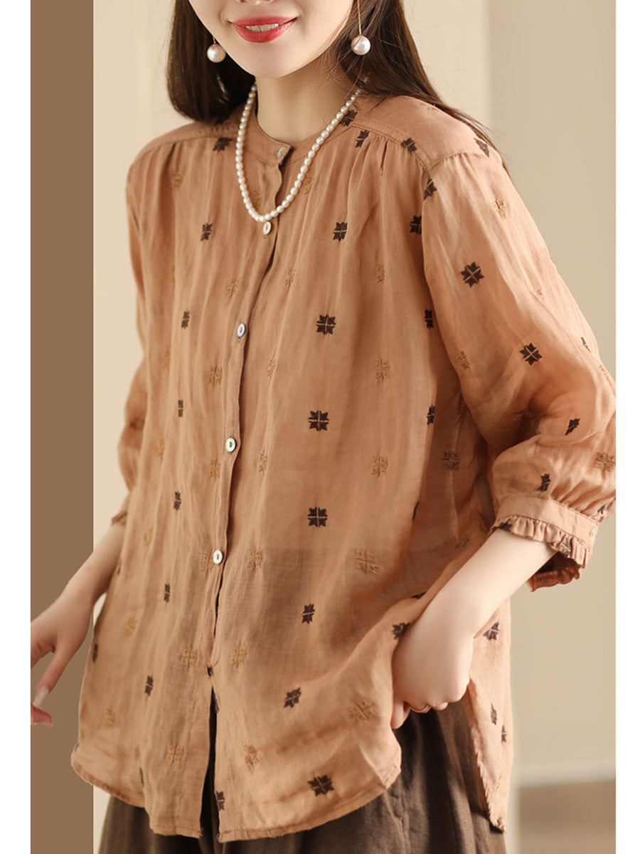 Women Spring Floral Embroidery Linen Button-Up Shirt CO1010