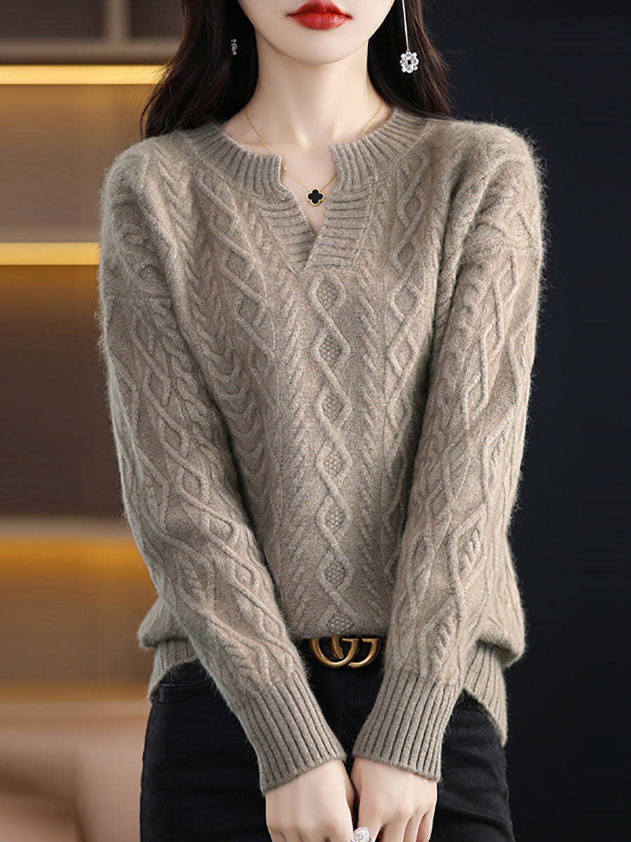 Women Autumn V-Neck Wool Twist Knit Sweater AX1030