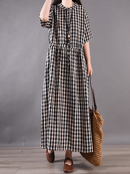 Women Summer Vintage Plaid Strap Linen Cotton Dress CV1036