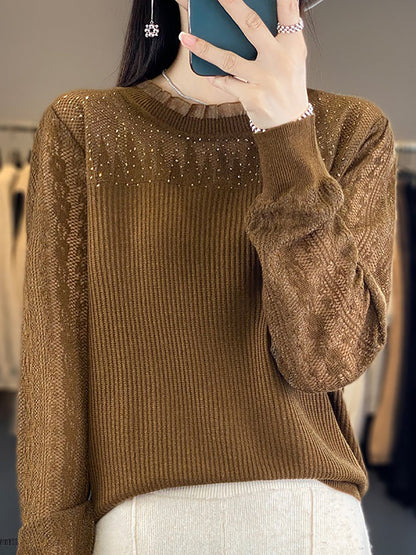 Women Autumn Solid Lace Knit Sweater QM030