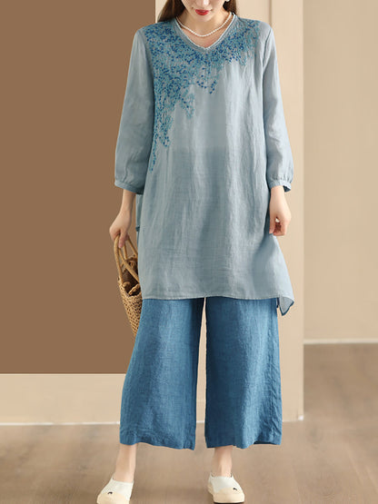 Women Summer Artsy Embroidery Ramie Long Shirt AS1022