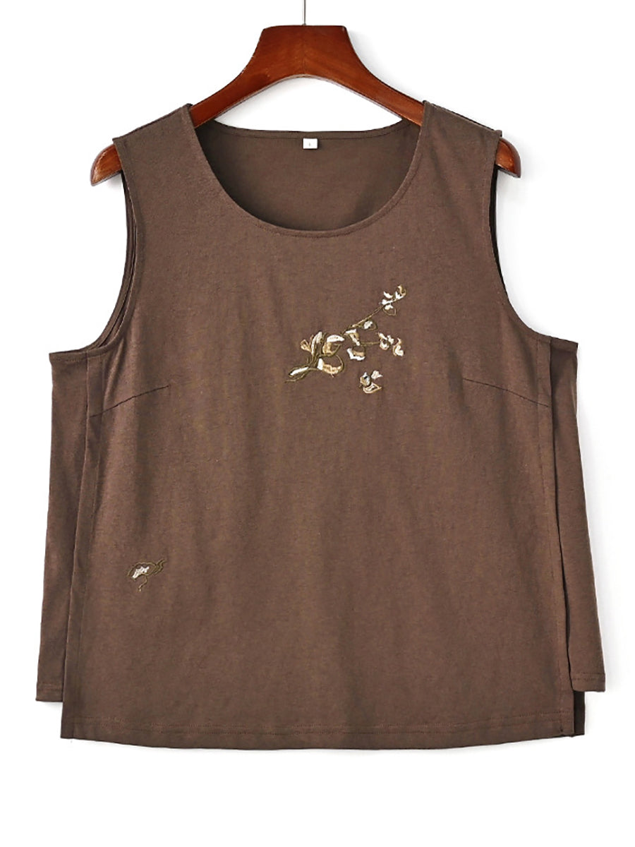 Women Summer Artsy Rmboidery O-Neck Cotton Vest PP1042