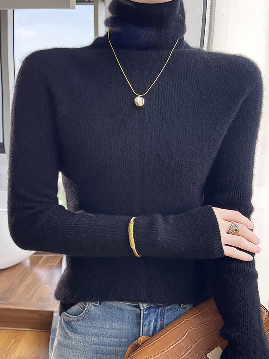 Women Autumn Casual Turtleneck 100%Wool Soft Sweater QU013