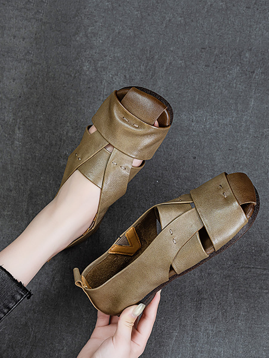 Sandales plates vintage en cuir véritable pour femmes