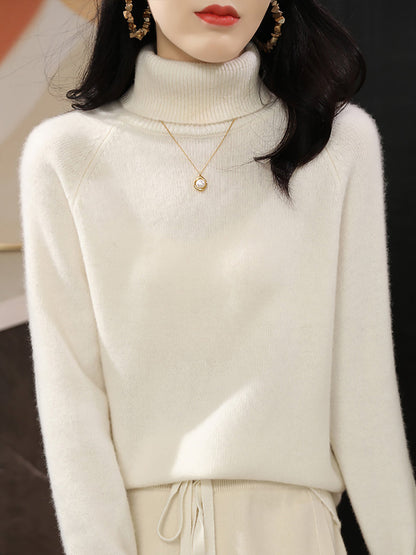 Women Autumn Solid Knit 100%Wool Turtleneck Sweater QM031