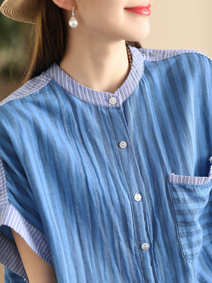 Women Summer Artsy Stripe Spliced Linen Shirt WE1039