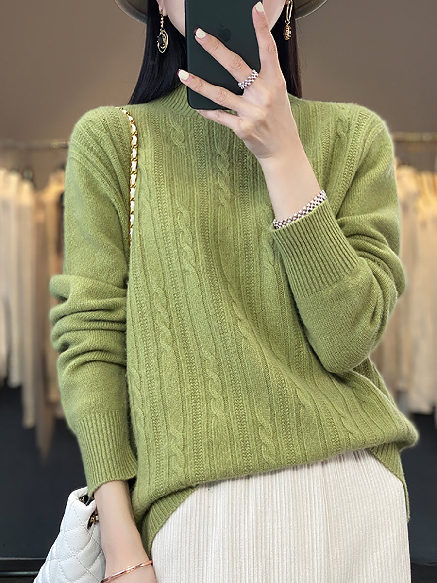 Women Autumn Solid Cable Knit 100%Wool Half Turtleneck Sweater QN027