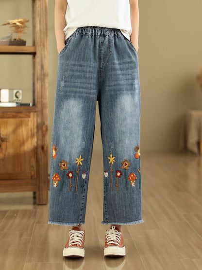 Women Summer Retro Embroidery Frayed Straight Denim Pants AS1042