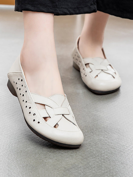 Women Summer Casual Leather Cutout Soft Flat Shoes AS1017