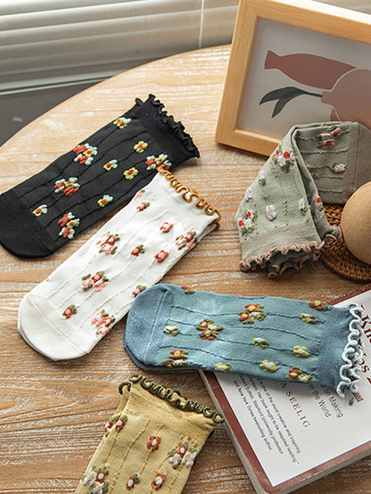 5 Pairs Women Summer Artsy Flower Jacquard Socks OO1032