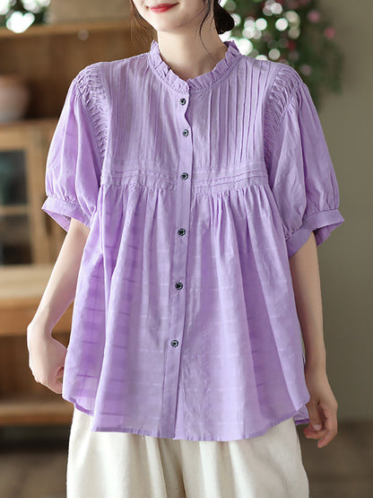 Women Artsy Shirred Stripe Cotton Agaric-Lace Shirt OP1006