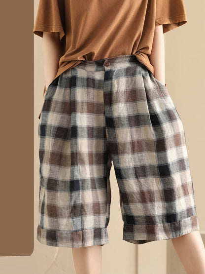 Women Summer Casual Plaid Linen Wide-leg Pants PP1028