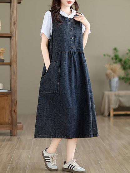 Women Casual Summer Solid Denim Vest Dress XX1026