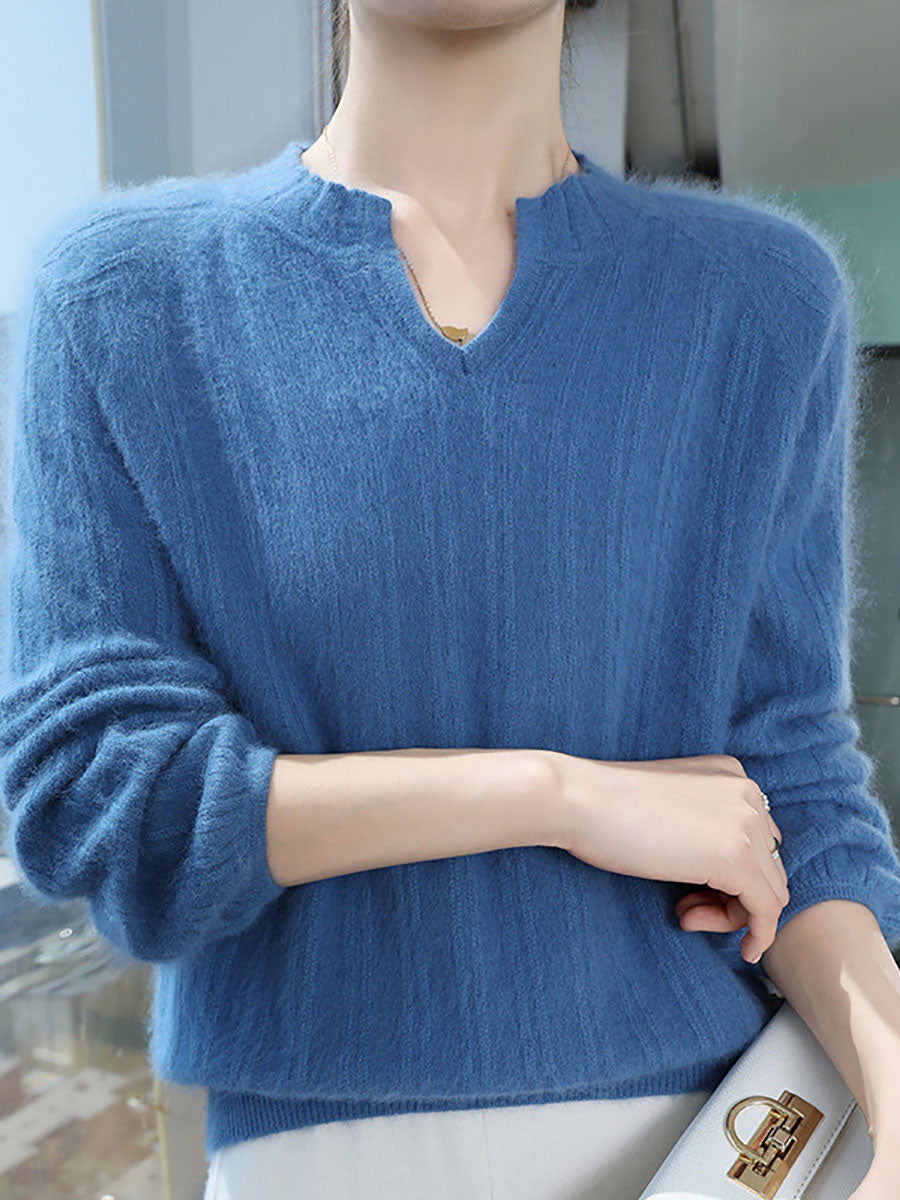 Pull en tricot chaud en laine unie à col en V pour femme AV1013 