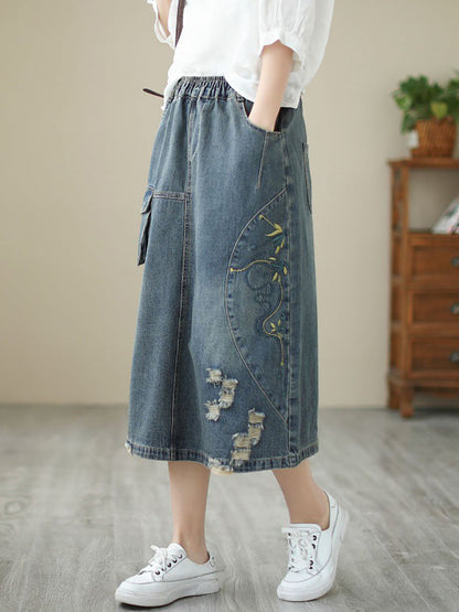 Women Summer Flower Embroidery Frayed Denim Skirt AS1041