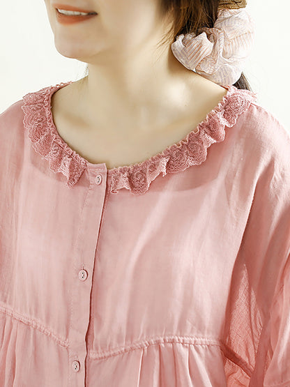 Women Artsy Solid Lacework Button-up Ramie Shirt HH043