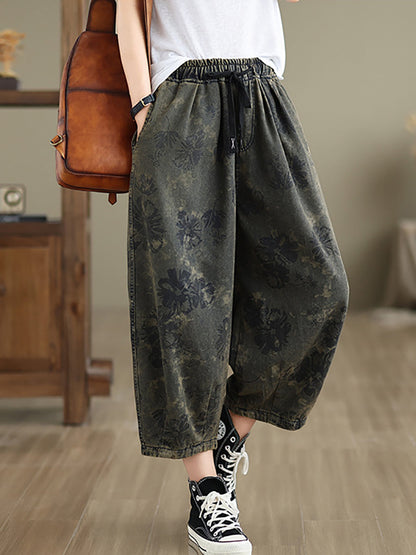 Women Summer Retro Flower  Denim Loose Pants II1003