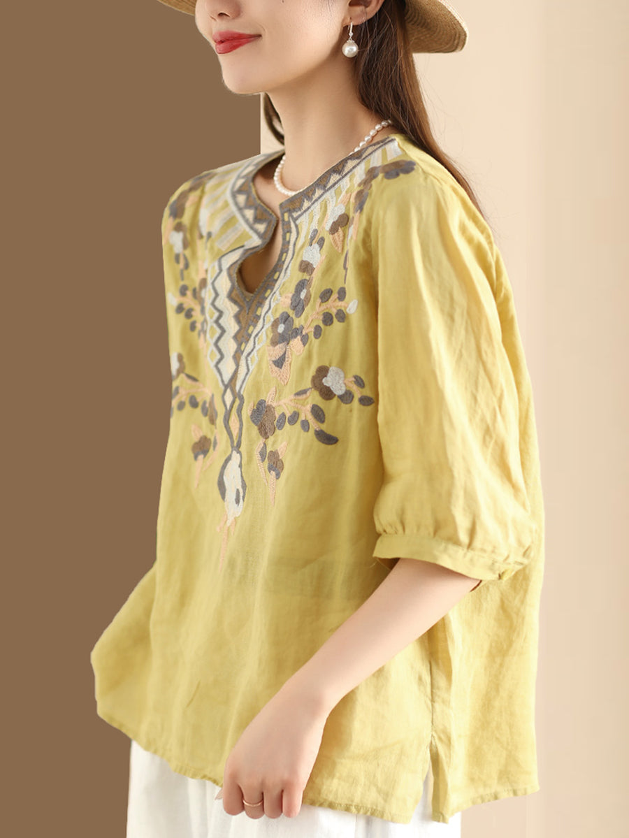 Women Summer Ethnic Flower Embroidery Ramie Shirt TY1006