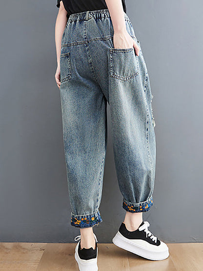 Women Artsy Embroidery Frayed Denim Harem Pants FD006