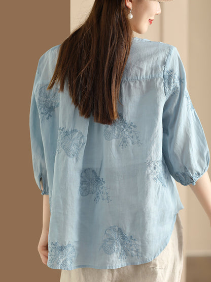 Women Summer Artsy Embroidery Ramie Shirt TY1020