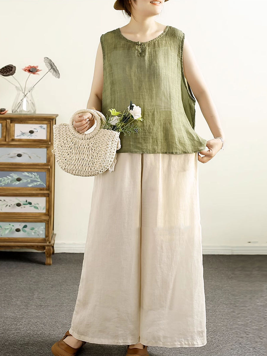 Women Summer Vintage Solid O-Neck Ramie Vest OO1044