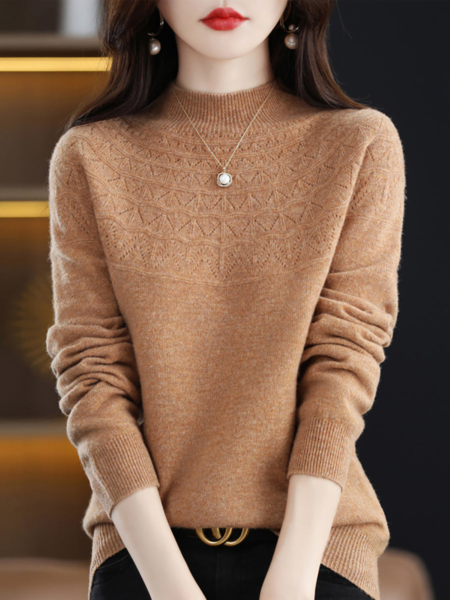 Women Autumn Solid Cable Knit 100%Wool Half Turtleneck Sweater QN017