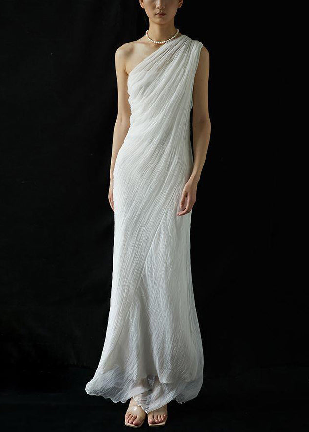 Wrinkled Solid Shoulder Dress Silk Cold Maxi Summer Art White