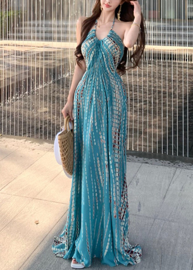 Printkleid Ärmellos Rückenfrei Blau Urlaub Baumwolle Stilvoll 