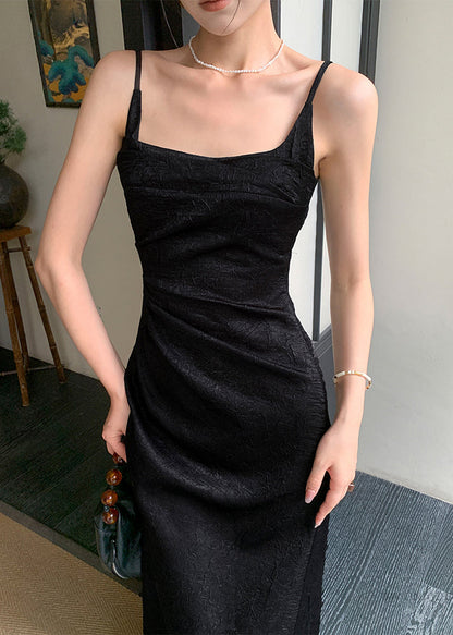 Boutique Black Slim Fit Silk Spaghetti Strap Dress Sleeveless EE058