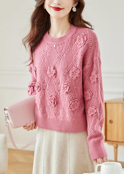 Floral Pink Hollow Out Solid Knit Sweaters Fall QC033