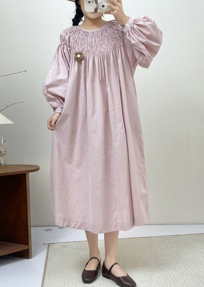 Loose Pink Wrinkled Pockets Cotton Dress Spring NN034