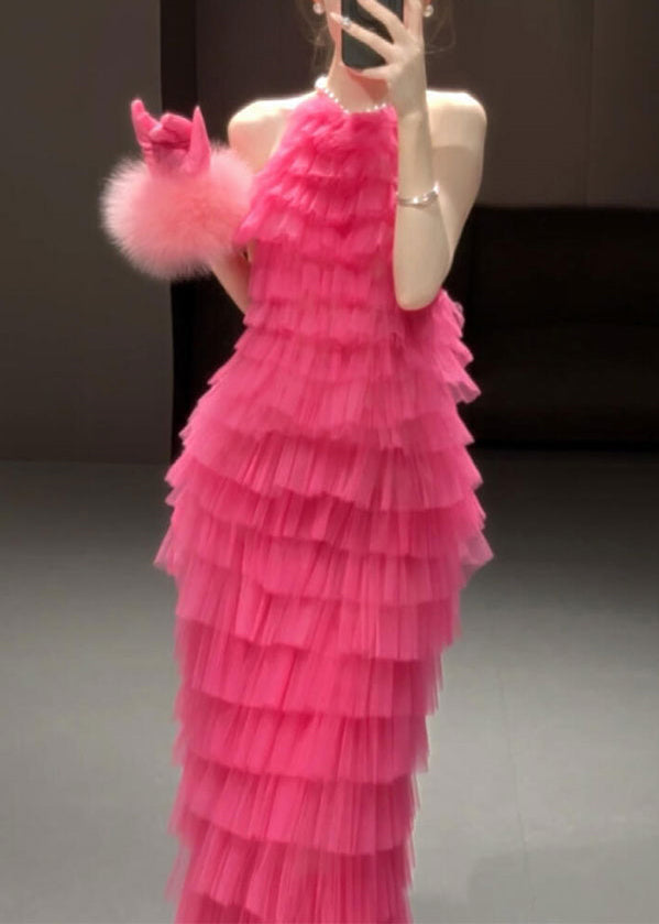 Backless Dresses Beautiful Rose Solid Pleated Sleeveless