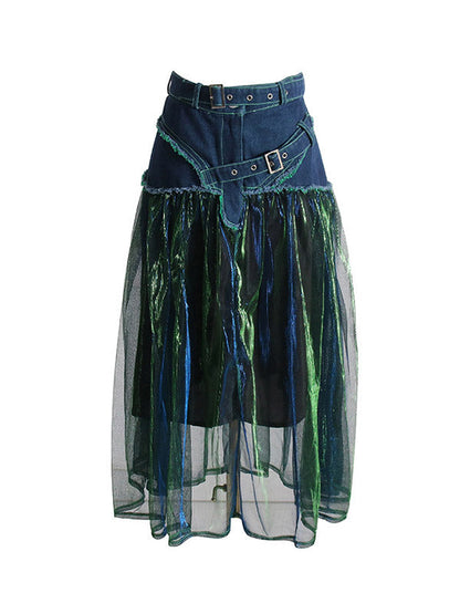 Stylish Denim With Belted Patchwork Blue Green Tulle A-Line Skirt TT1038