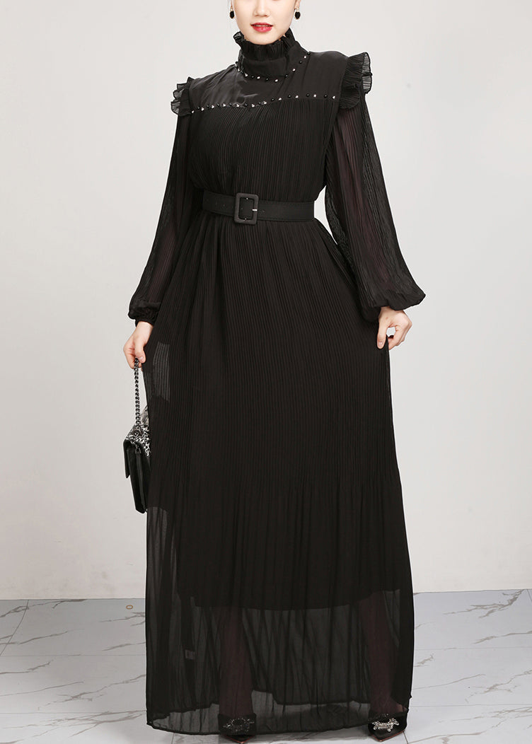 Französisches schwarzes Maxikleid aus Chiffon mit Rüschen, Herbst AR1038 